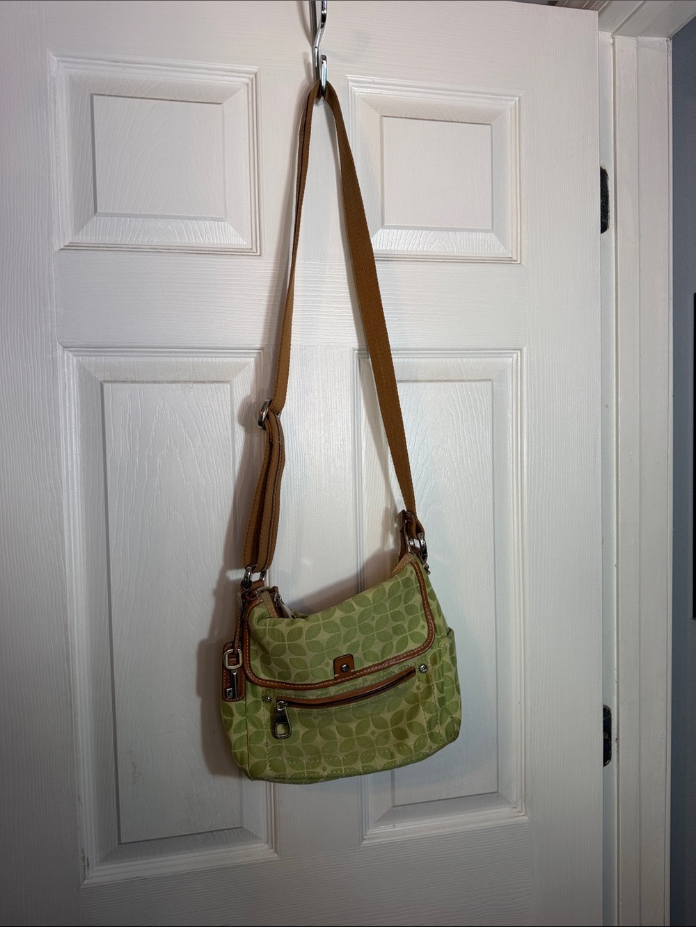 Fossil Green Patterned Crossbody with Tan Trim